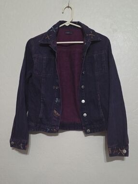 Womens Deep Purple Denim Jacket with Bird And Floral Accents